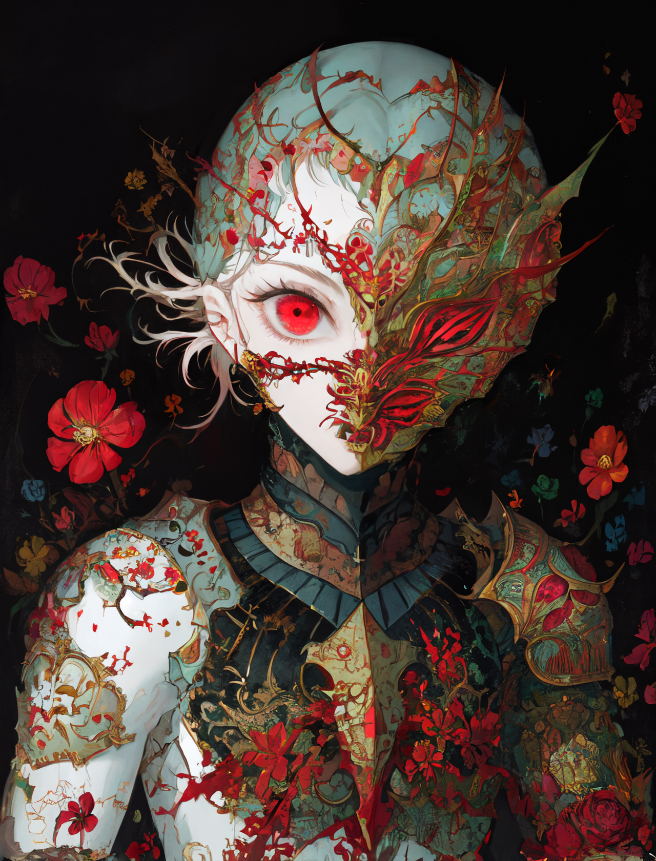 00026-2197470205-3719-woman, infected face, colorful armor, iridescent armor, flower armor, dark background _lora_Iridescence_0.7_.png